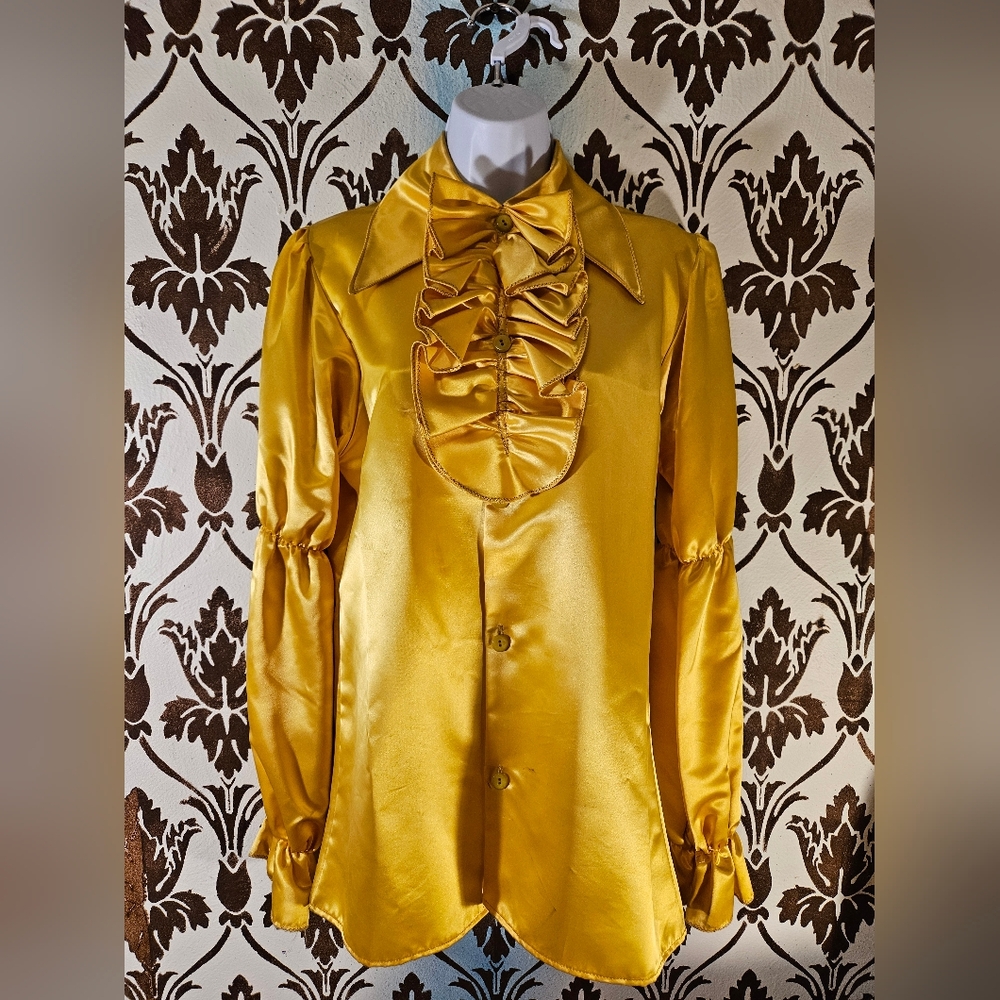 Vtg.70s Yellow Satin Blouse Women's S Long Balloon Sleeves Disco Theater Costume